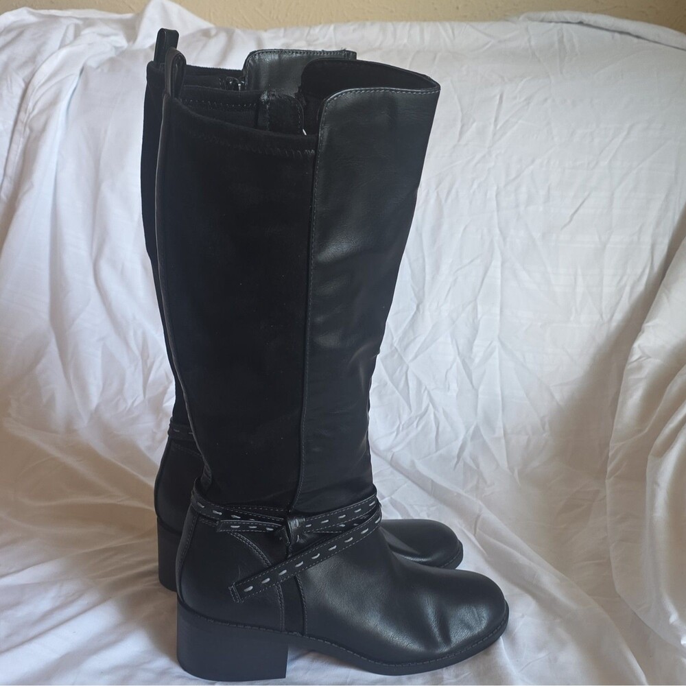 VanEli Black Knee High Riding Boot Round Toe Zip Strap Studded Women's 9.5